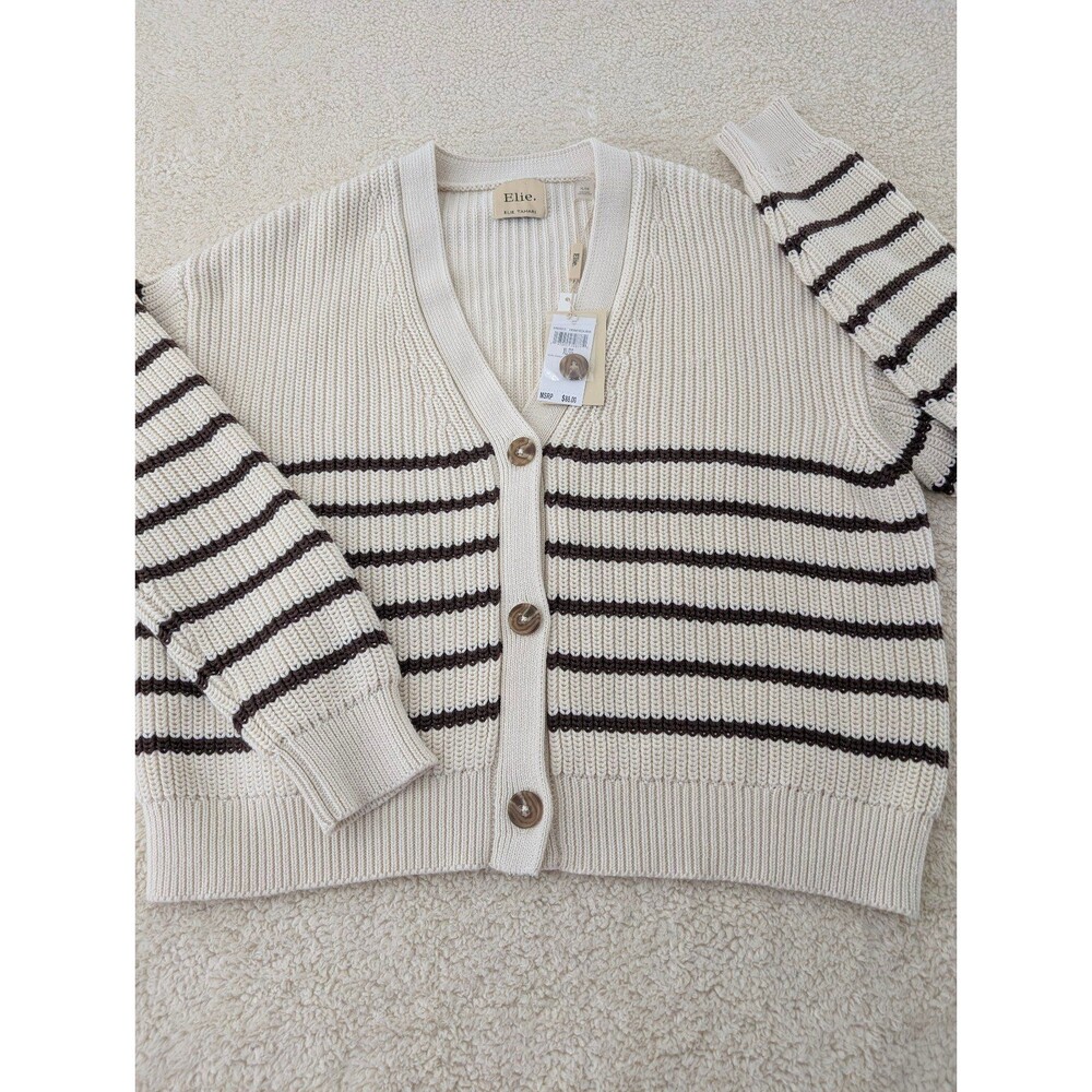 New Elie Tahari XL Women's Striped Button Front Knit  Cotton Cardigan Sweater